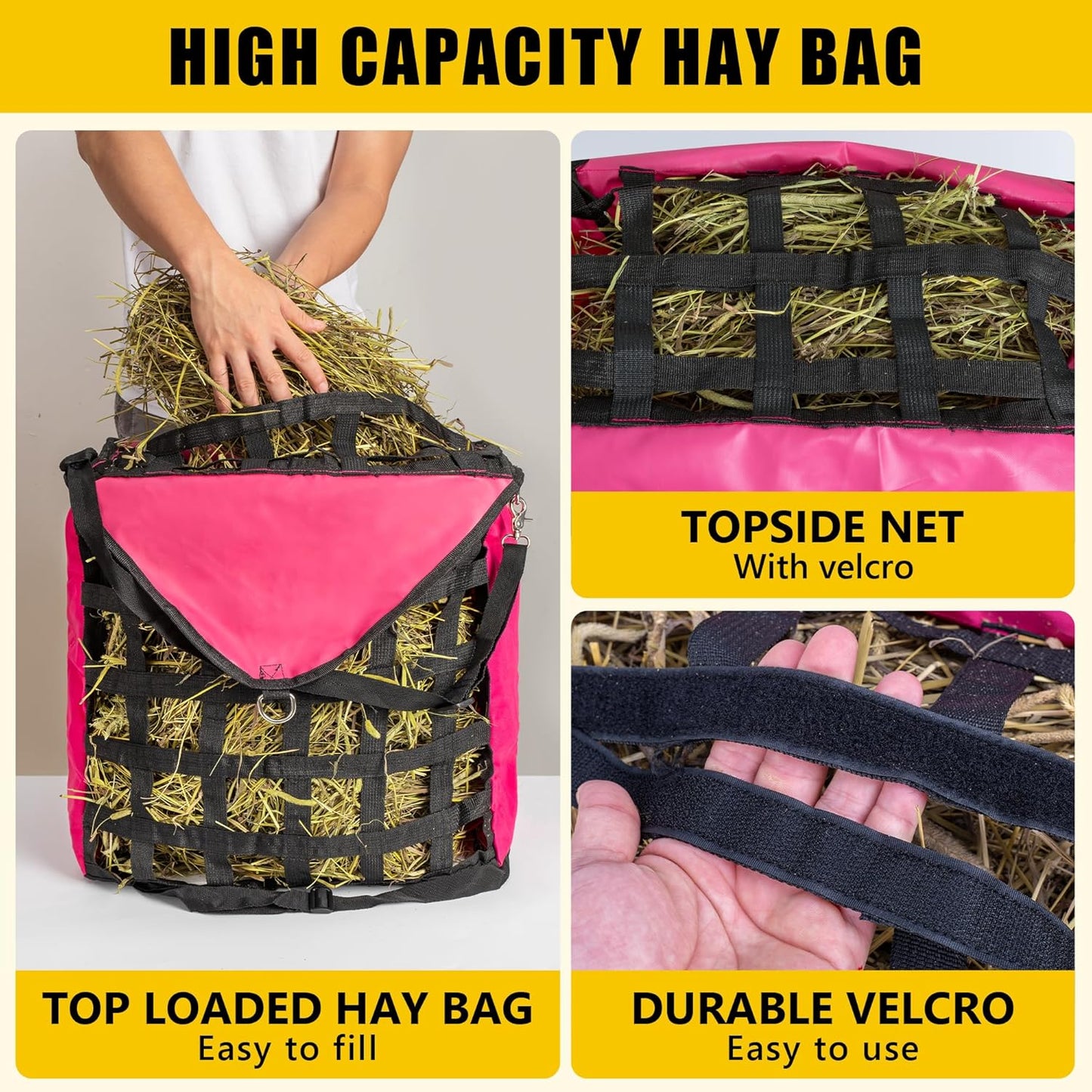 Tripple-D Horse Supplies top Loading Slow Feeder hay Bag, Equipment for Horses & Goats, Durable Strong Material and Nylon Feed net, Holds hay Bales securely, Reduces hay Waste, Nice feeders Storage