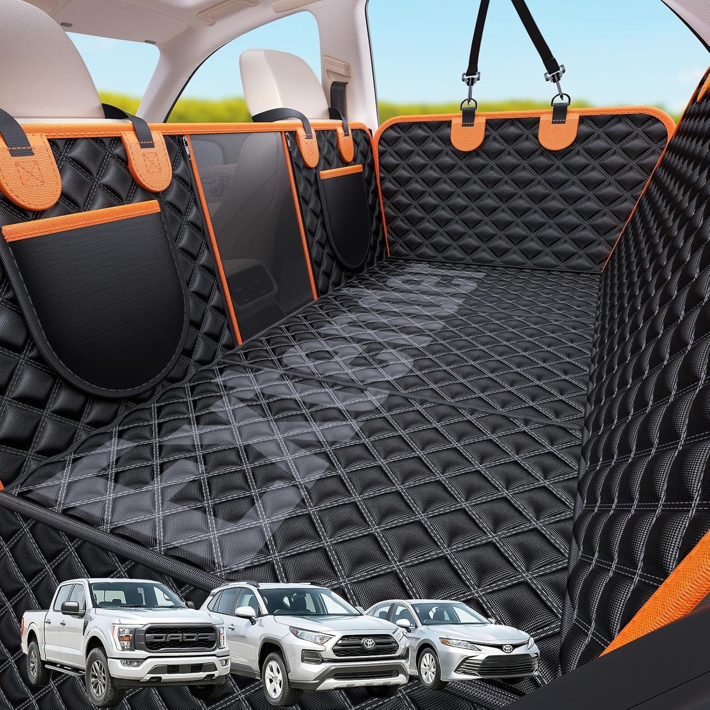 Back Seat Extender for Dogs, 7-in-1 Dog Car Seat Cover for Back Seat, Hard Bottom Car Seat Cover Holds 420lbs, Waterproof & Scratchproof Back Seat Pet Cover for Dogs, Dog Hammock for Car, SUVs