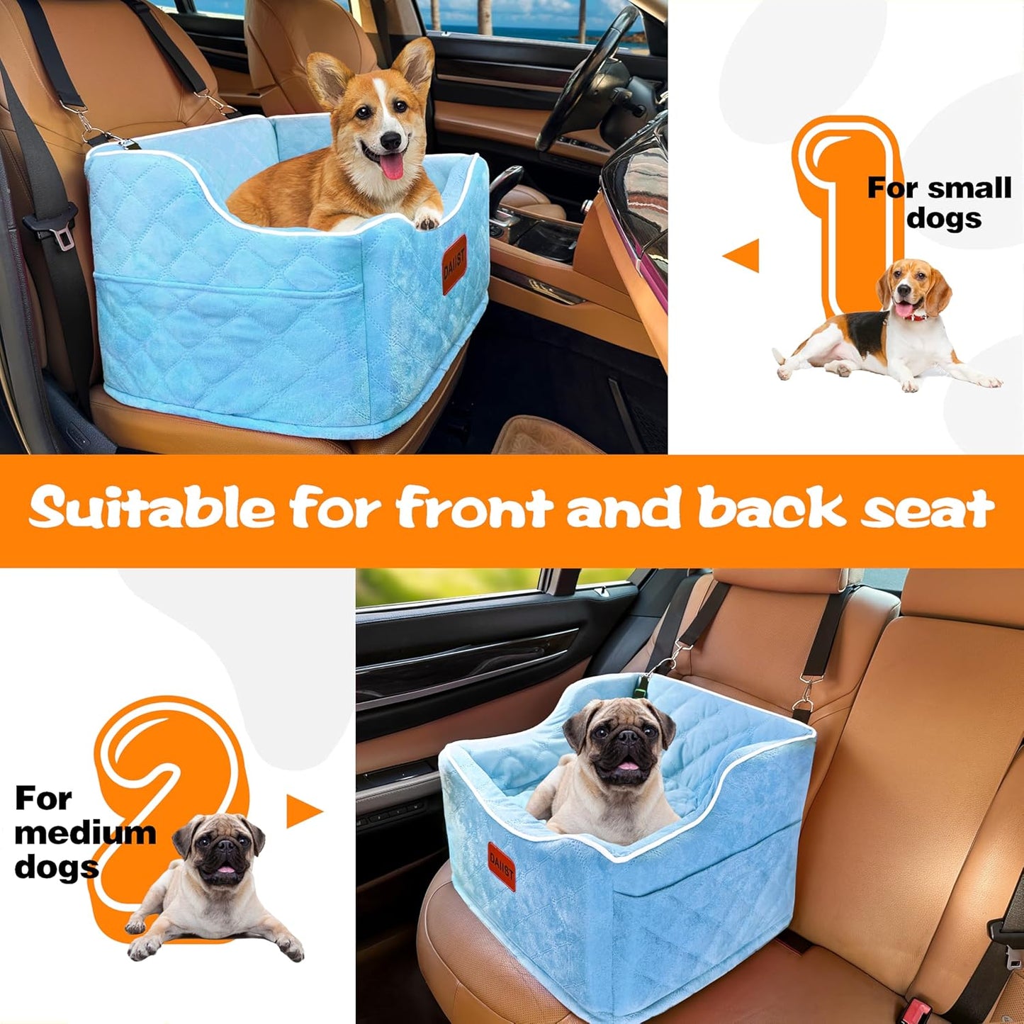 Dog Car Seat for Small Medium Dogs, Detachable Washable Dogs Booster Seat Under 35lbs, Elevated Dog Car Bed with Storage Pockets (Blue, One Size)