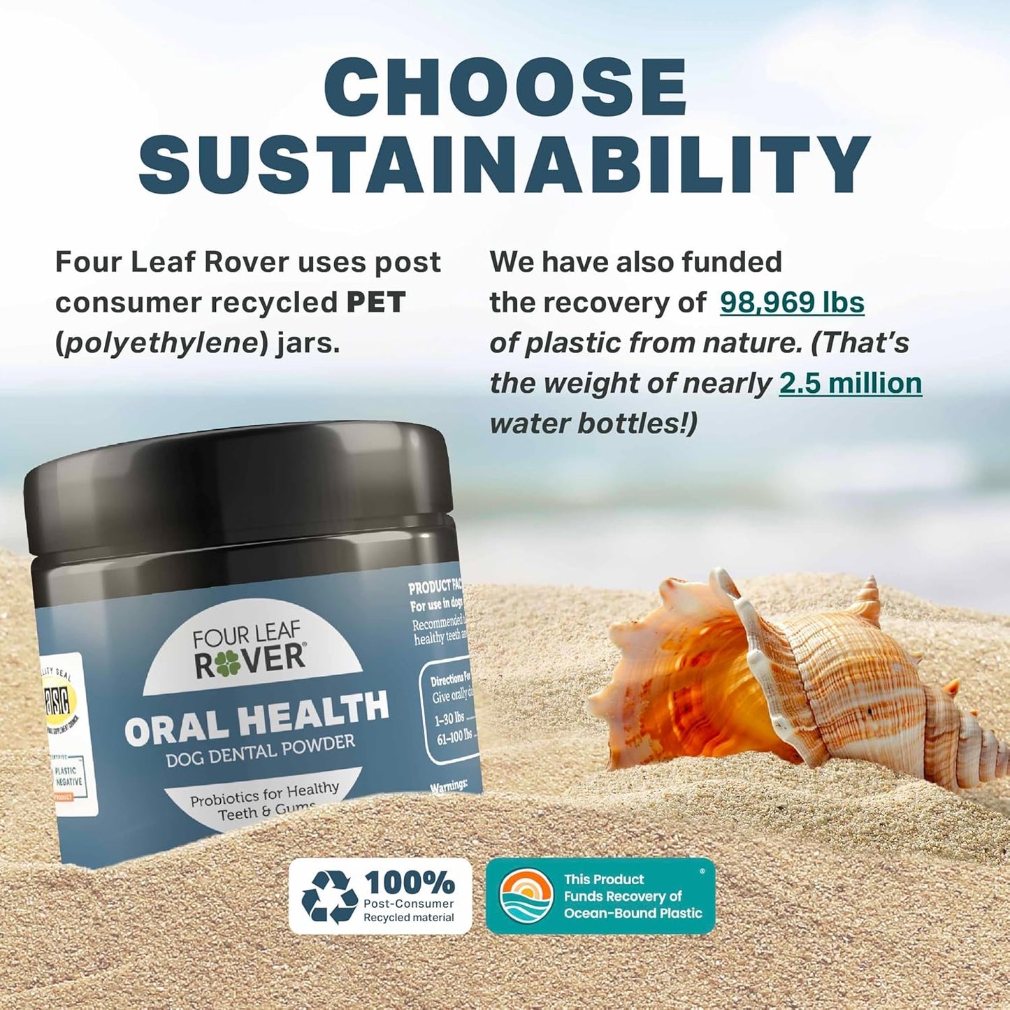 Four Leaf Rover Dog Dental Powder – Natural Probiotic Support for Bad Breath, Tartar & Plaque – with Red & Brown Kelp, Weissella Cibaria, Aloe & Chamomile – 30-Day Supply