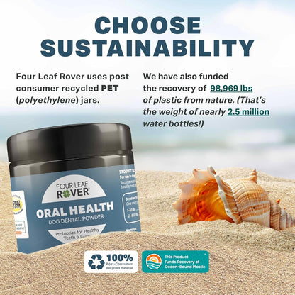 Four Leaf Rover Dog Dental Powder – Natural Probiotic Support for Bad Breath, Tartar & Plaque – with Red & Brown Kelp, Weissella Cibaria, Aloe & Chamomile – 30-Day Supply
