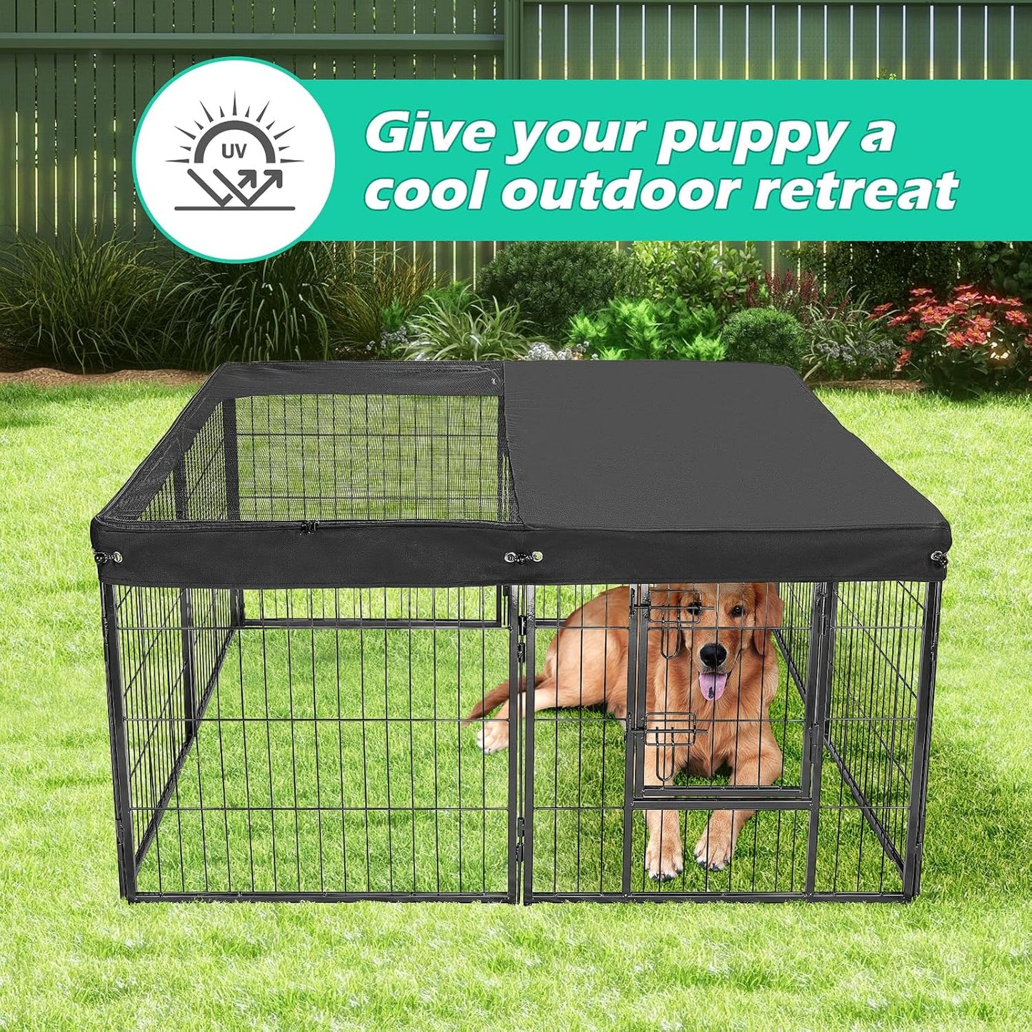 Dog Playpen Cover,Top Dog Pen Cover for 47in 4 Panels Play Pen,Escape-Proof Playpen Covers Indoor/Outdoor(Black, with Half Mesh)(Playpen Not Included)