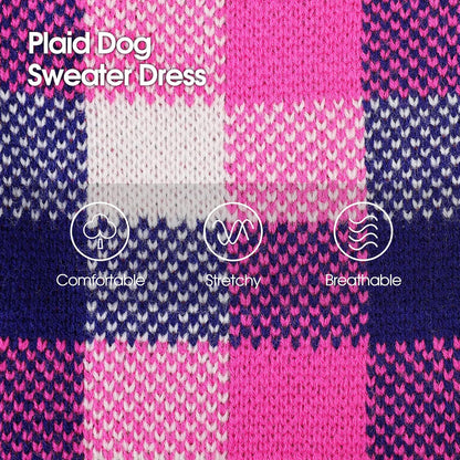 Dog Sweater Dress Plaid Knitwear for Small Medium Dogs Warm Puppy Pet Turtleneck Stretch Pullover Cute Fall Winter Vest Clothes with Leash Hole for Christmas (Navy, L)