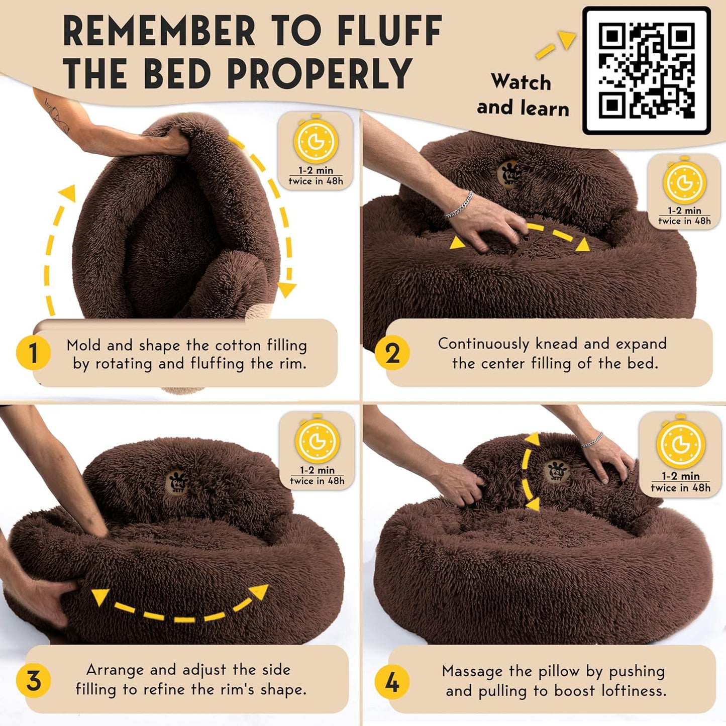 PetJett Calming Dog Bed Medium Size Dog - 30'' Donut Bed, Anti-Slip & Washable Super Soft Fluffy Plush Round Bed, Anti-Anxiety Premium Comfort Pet Bed, Fits Dogs up to 45 lbs - Brown