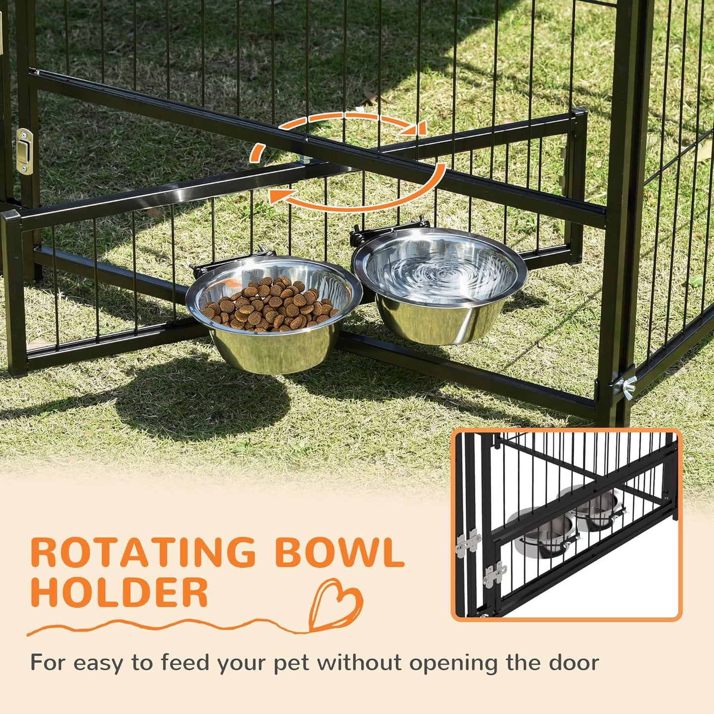 Dog Crate Furniture Style Outdoor Kennel with Canopy, 4.6' x 4.6' x 5' Large Dog Cage House Playpen Enclosure with Rotating Bowl, Durable Garden Playpen Fence Crate,Black