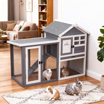 GEGURI Large Rabbit Hutch Indoor Outdoor Chicken Coop Wooden Bunny Cage with Waterproof Roof (48''L x 24''W x 36''H Grey)