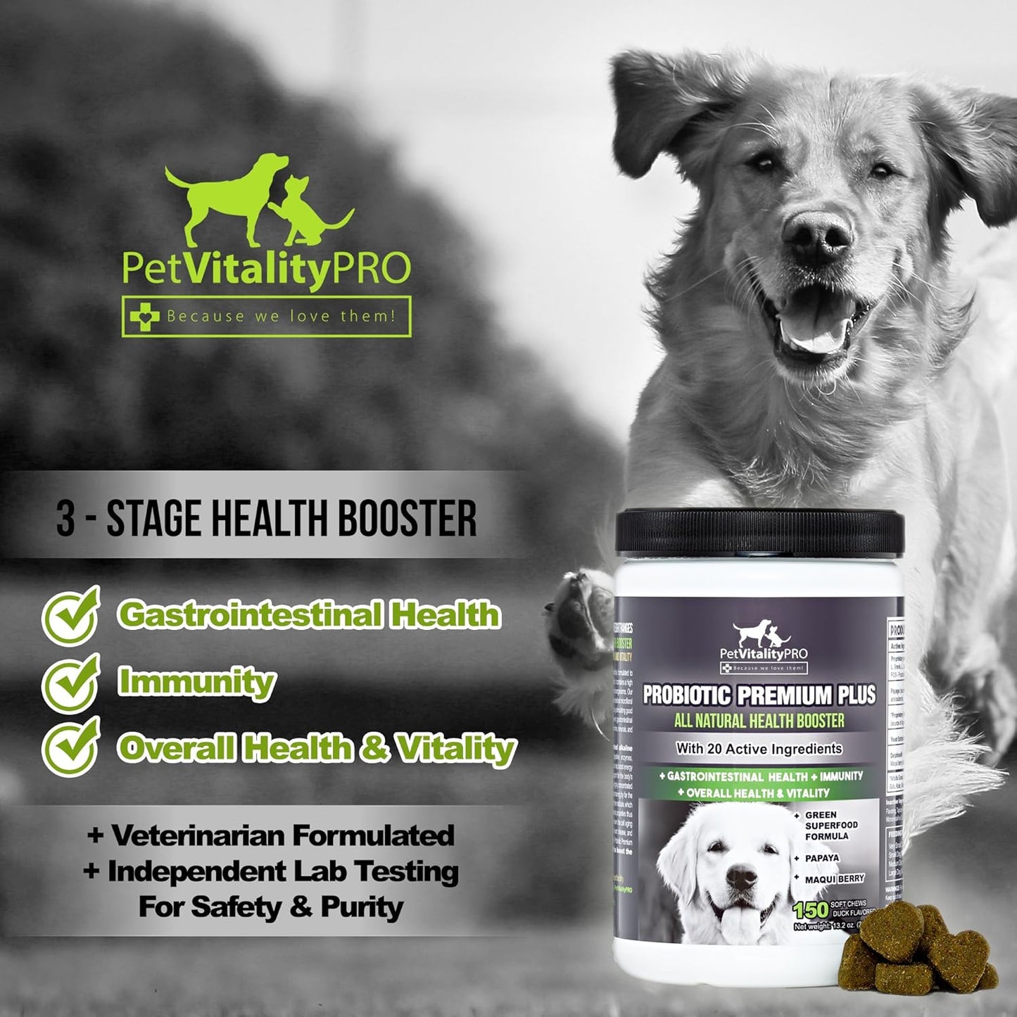 Probiotics for Dogs with Natural Digestive Enzymes ● 4 Bill CFUs/2 Soft Chews ● Dog Diarrhea Upset Stomach Yeast Gas Bad Breath Immunity Allergies Skin Itching Hot Spots ● 150 Count