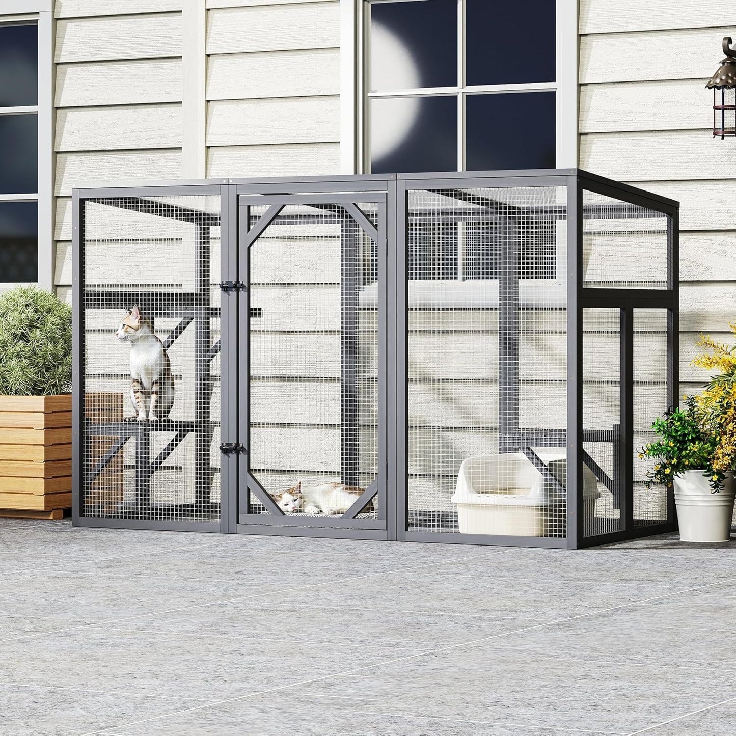 Outdoor Cat Catio House, Wooden Cat Habits with 3 Platforms, Lockable Doors, Top PC Sun Roof, Patio Yard Window Enclosures, Weatherproof, Gray