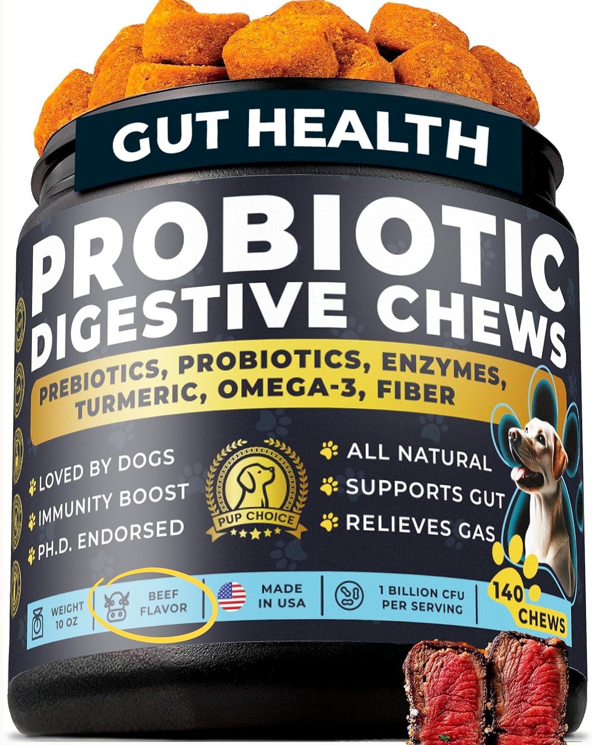 Chewable Dog Probiotics – All-in-One PhD-Endorsed Digestive Enzymes, Prebiotics, Turmeric, Omega-3 & Fiber – Gut, Diarrhea, Itchy Skin & Ear Support – All Ages, Made in USA, 140 Beef Chews