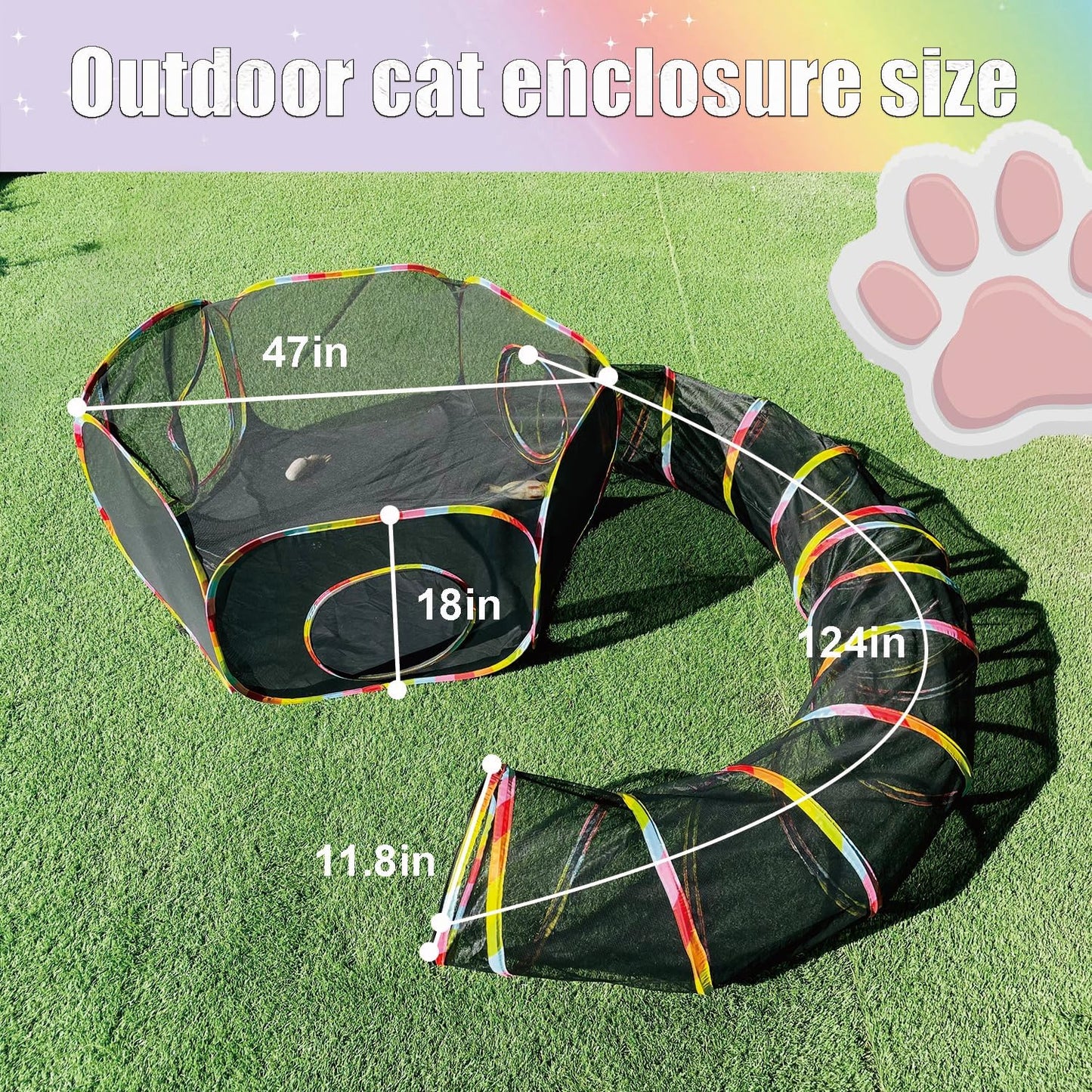 Catio Outdoor Cat Enclosure, Portable Cat Tunnel Playground with Rainbow Tent, Circle Cat Playpen Tunnel for Kitty and Small Family Pet Indoor & Outside Play