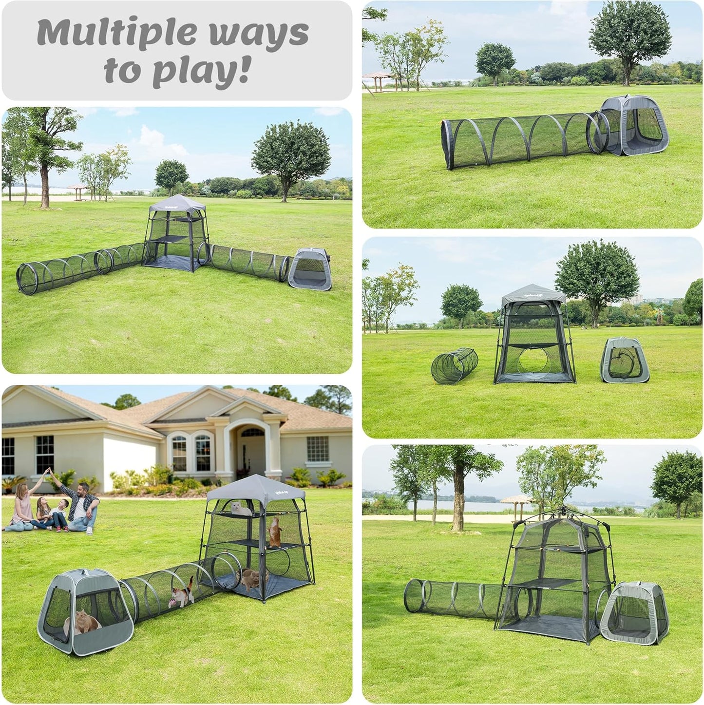 Catio Outdoor Cat Enclosure Combo for Indoor and Outdoor,3 Tier Cage Inside, Pop up Catio,Portable and Foldable(Includes one cat Tower Tent,one Tunnel and a cage) + cat Tunnel(2 Packs)