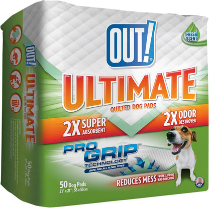 OUT! Petcare Large Dog Pee Pads, Disposable Quilted Training Pads with Pro-Grip, Leak Proof Absorbent Backing, Fast Drying, Puppy Housebreaking, Non Slip, Indoor Pet Potty Supplies, 21x21, 50 Count