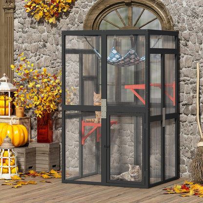 COZIWOW Halloween Outdoor Cat Catio - Spooky Window Access Cat Enclosure with Jumping Platforms, Weatherproof Wooden Shelter for Patio/Garden (Black, 2 Platforms + Hammock, 44lbs Capacity)