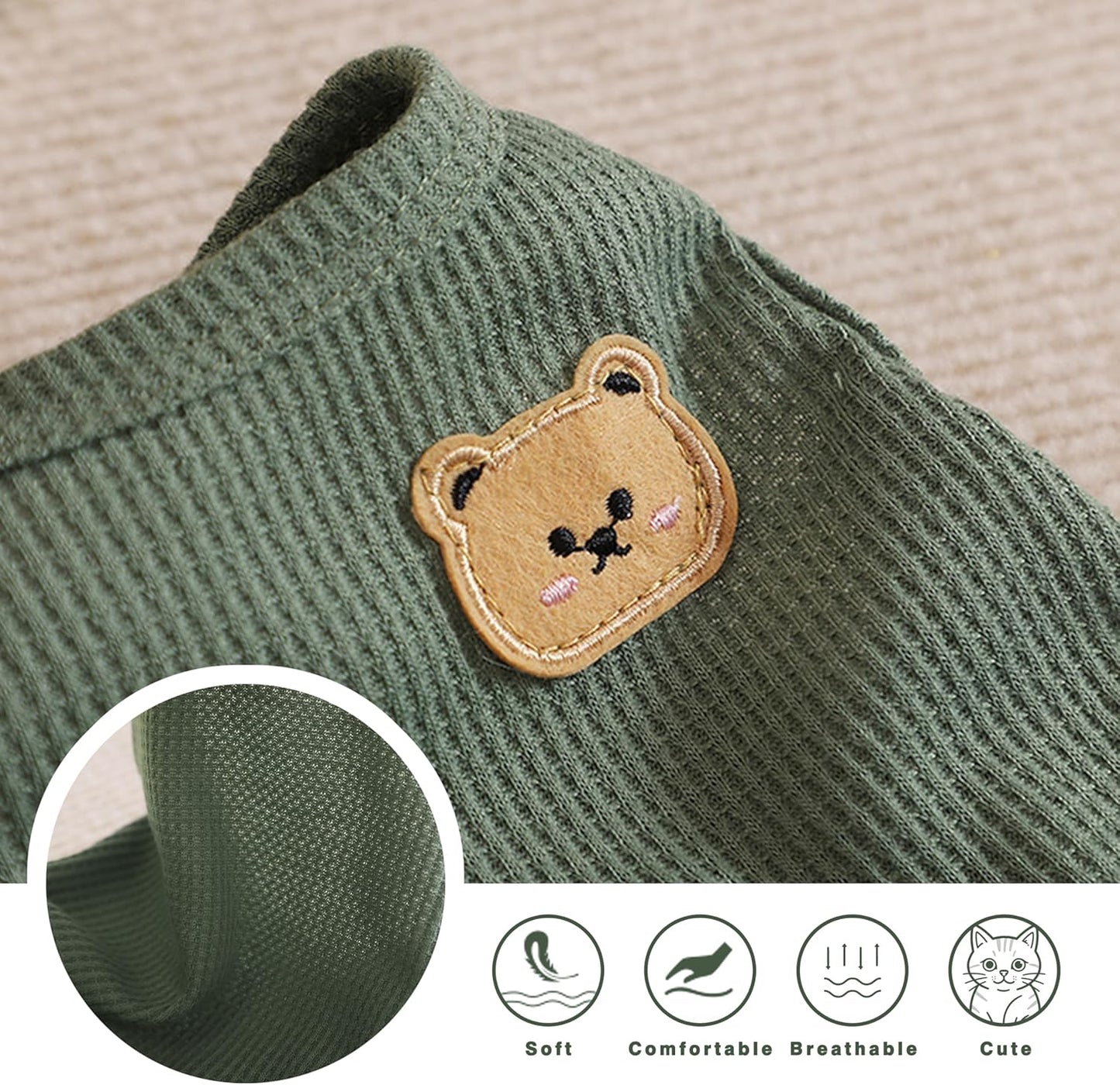 Waffle Knit Cat & Dog T Shirt for Small Dogs, Stretchable Puppy Shirt for Sphynx Cats & Small Breeds, Pet Clothes | Breathable Summer/Winter Apparel for Newborn(Green Large)