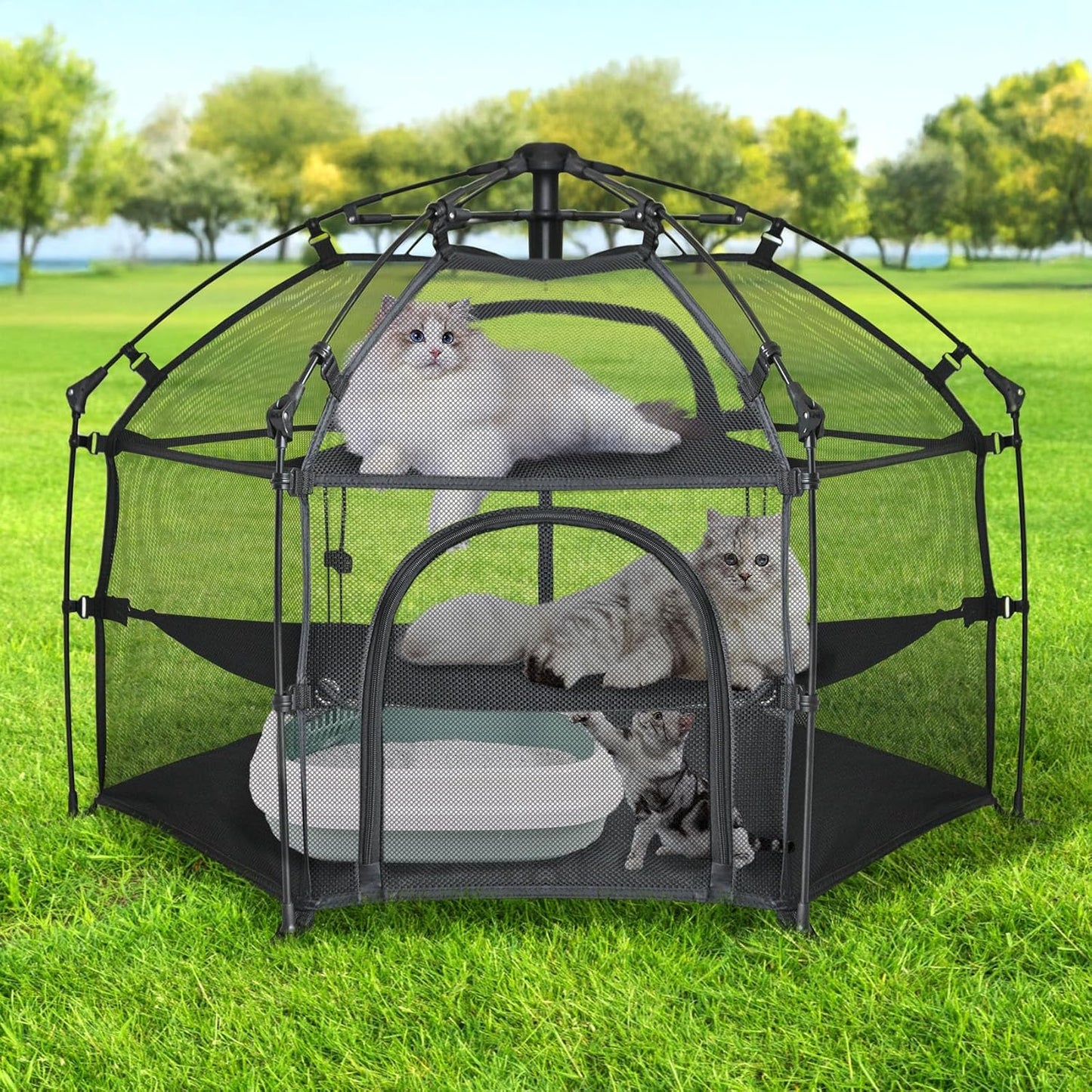 EighteenTek Catio Outdoor Cat Enclosure 3-Tier Pop up Cat Tent Playpen | Portable Kitten Catio Tower | Pet Playpen Indoor/Outdoor Cats Enclosed | Play Tents for Patio Balcony Courtyard Camping