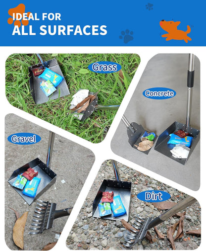 Dog Pooper Scooper Set, Stainless Metal Tray Rake Spade 3 Pack, Long Handle Pet Waste Scooper for Large Medium Small Dogs, Heavy Duty Poop Scooper for Yard, Grass, Dirt or Gravel