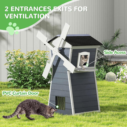 Coziwow Outdoor Cat House,Windmill-Shaped Kitty Enclosure with Waterproof Roof, Jumping Platform & Balcony for Porch or Garden