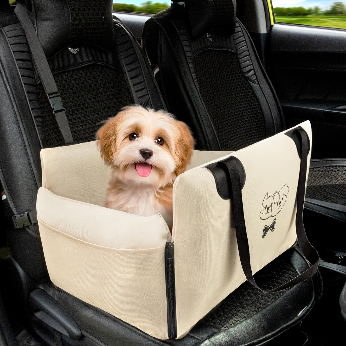 FEXIA Small Dog Car Seats for Small Dogs, Waterproof Dog Bed with Storage Pockets, Clip on Safety Leash and Thickened Memory Foam Filling, Pet Car Seat Puppy Travel Carrier Bed