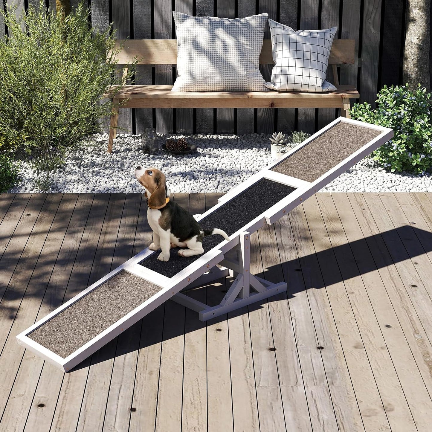 PETSITE Wooden Dog Agility Seesaw, Dog Exercise & Play Set, Outdoor Run Game Toy, Climbing Platform Balance Training Equipment, Weatherproof Pet Supplies for Backyard Obstacle Courses (White)