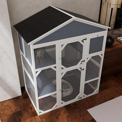 71" Large Wood Catio Outdoor Cat Enclosure, Outdoor Cat Cage with Weatherproof Roof,Wooden Walk in Cat Shelter 3 Platforms & 2 Resting Box (Brown+White)