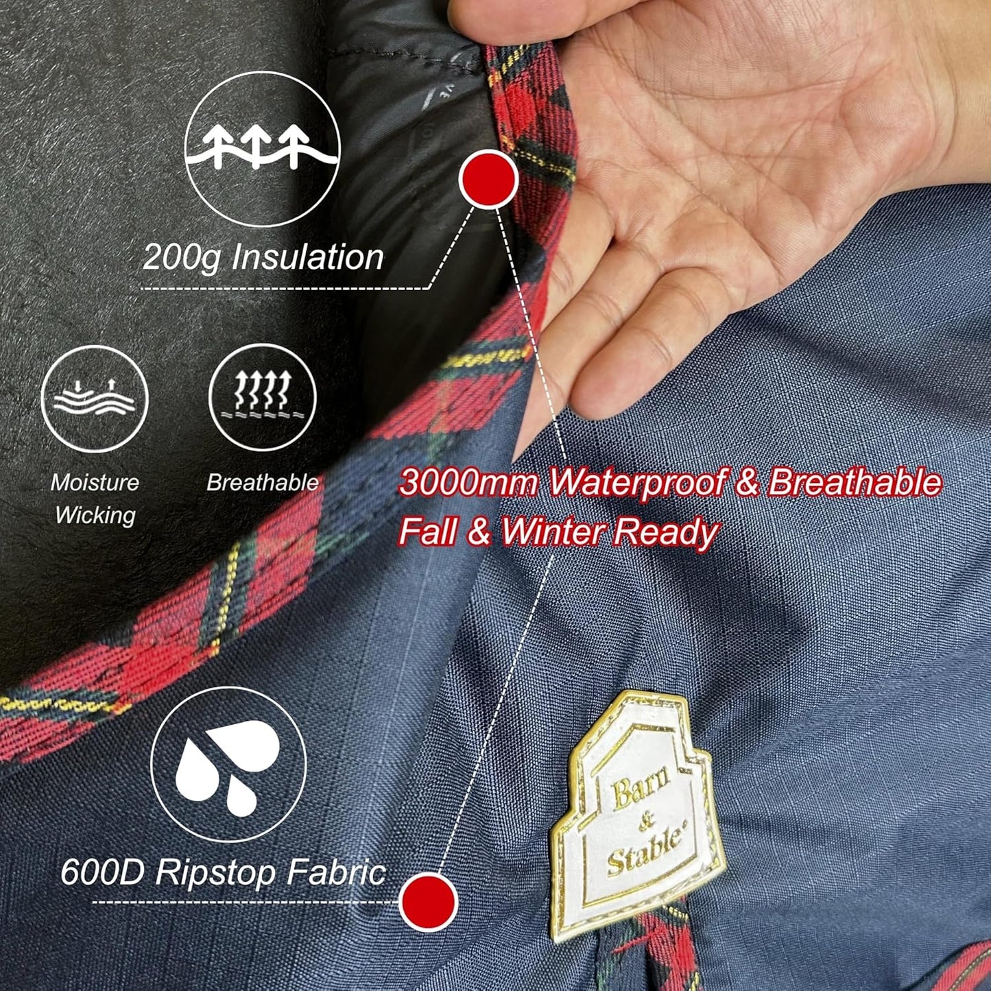 BARN & STABLE 600Denier 3000mm/3000mvp Super Waterproof & Breathable Horse Blankets for Winter with 200g Fill