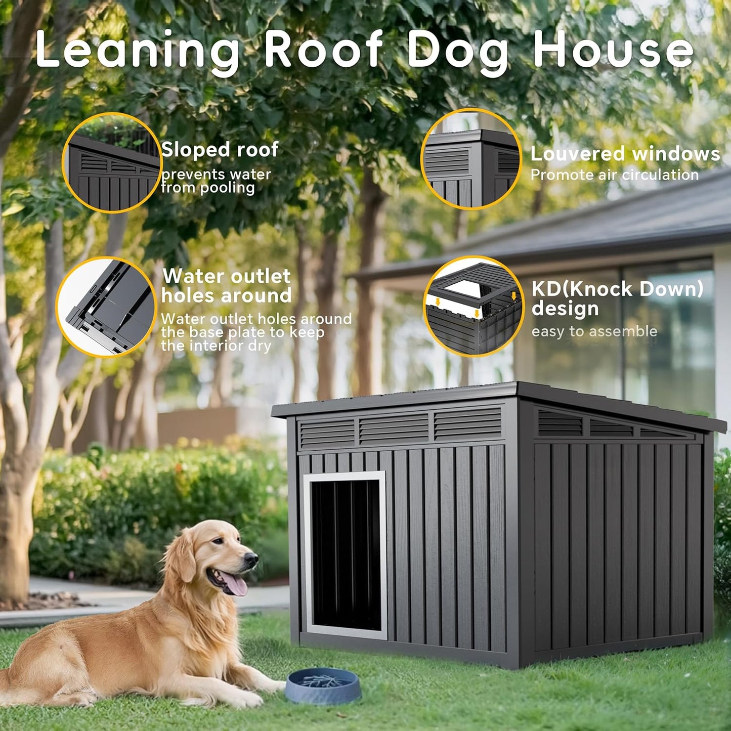 DRATO Large Dog House Outdoor for Indoor with Weatherproof & Removable Roof,Fits Small to Large (Black, 42.87 * 32.95 * 31.61'')