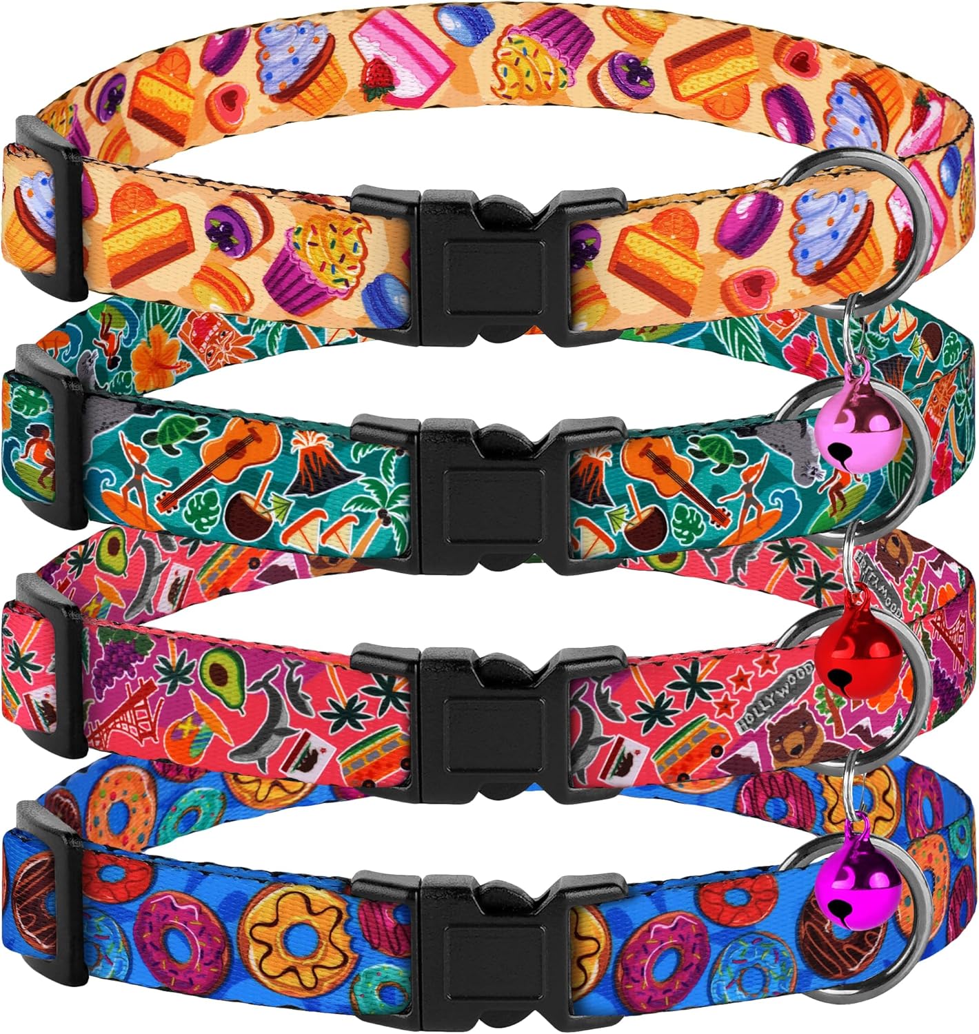 4PCS Breakaway Cat Collars with Bell - Cute Soft Adjustable Safety Kitten Collars 4-Pack - Nylon Pet Collars Nature Tribal Striped Floral Space Aztec Flowers Print (Travel & Cookies)