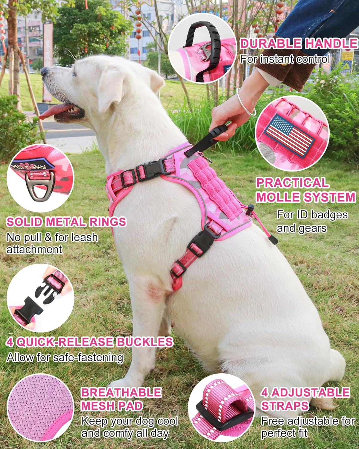 Hotsky Tactical Dog Harness and Leash for Medium Dogs No Pull, Adjustable Reflective Military Dog Vest Harness with Control Handle Molle System for Dogs Training Walking(Pink Camo, L)