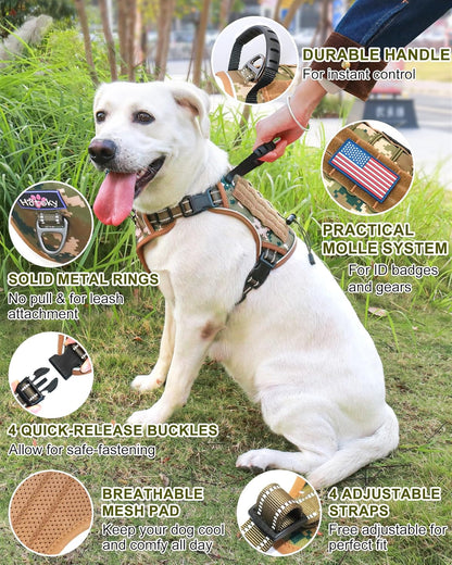 Hotsky Tactical Dog Seatbelt Harness for Medium Dogs No Pull, Adjustable Military Service Dog Vest Reflective Pet Harness with Control Handle Molle Loop Panels for Dogs Training Walking(Army Camo, L)