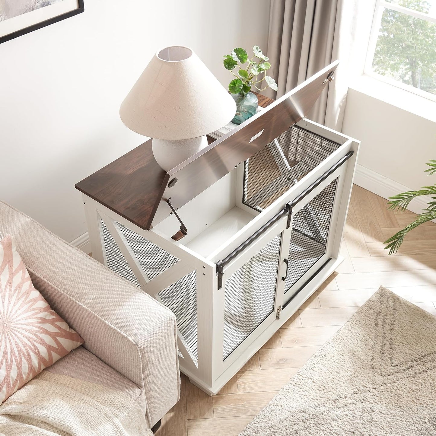 GREAZ Stylish Farmhouse Dog Cage with Sliding Barn Door, Functional Wooden Kennel with Flip-top for Small to Large Dogs, White