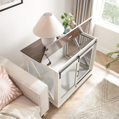 GREAZ Stylish Farmhouse Dog Cage with Sliding Barn Door, Functional Wooden Kennel with Flip-top for Small to Large Dogs, White