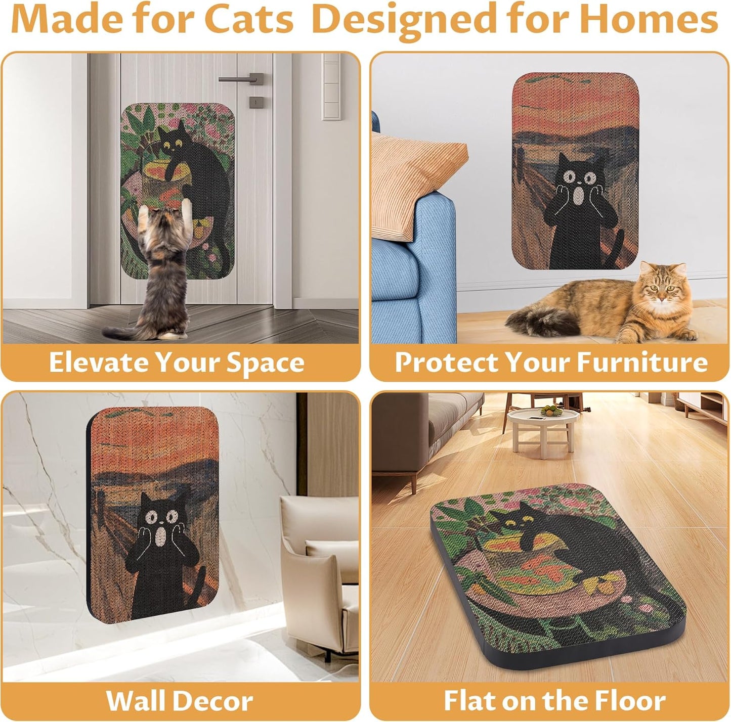2 Packs Art Cat Wall-Mountable Scratching Board 16.7x11x1 Inch Cat Wall Scratch Pad for Indoor Cats Furniture Protector (Goldfish & Scream)