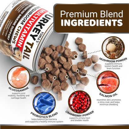 Turkey Tail Mushroom for Dogs - 170 Count - Mushroom Chews for Dogs Lipoma Lumps and Bumps - Immune, Digestive, Skin, Energy & Joint Health - Buddy Overall Health Guard - Dog Multivitamin Supplement