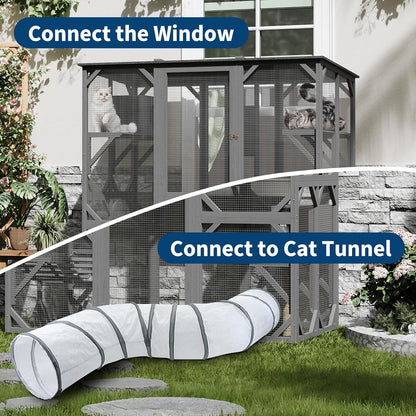 GAOMON Large Catio with Window Access, 70 Inch Outdoor Walk-in Cat Enclosure with Asphalt Roof, Scratch Post and Bridge, Catios for Cats Outdoor Patio Dark Grey