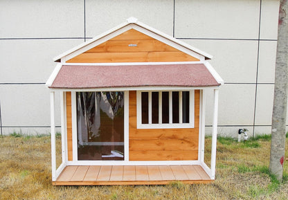 Indoor-Outdoor Wooden Dog House, Porch, Asphalt Roof, Plastic Door Curtain, Ventilation Windows, Brown, Weatherproof, Small to Medium Dog, Puppy Kennel