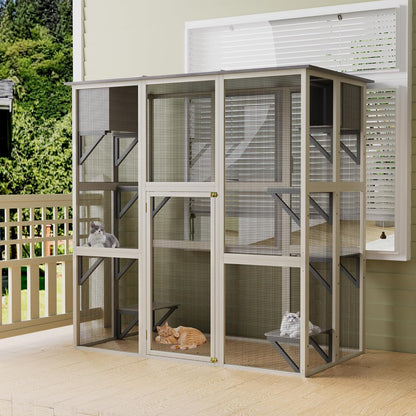Wooden Catio Outdoor Cat Enclosure,71" H Outdoor Cat House W/ 8 Jumping Platforms & 2 Napping Houses,Walk-in Cat Patio Enclosure W/ 2 Safety Latches Doors & Weatherproof Asphalt Roof,Gray