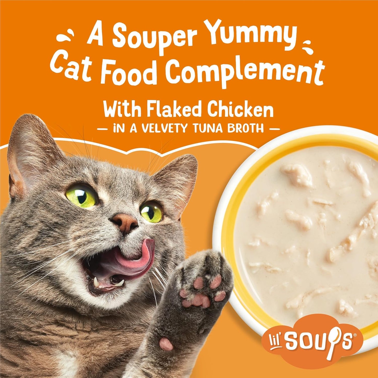 Purina Friskies Natural, Grain Free Wet Cat Food Lickable Cat Treats, Lil' Soups Flaked Chicken - (Pack of 8) 1.2 oz. Tubs