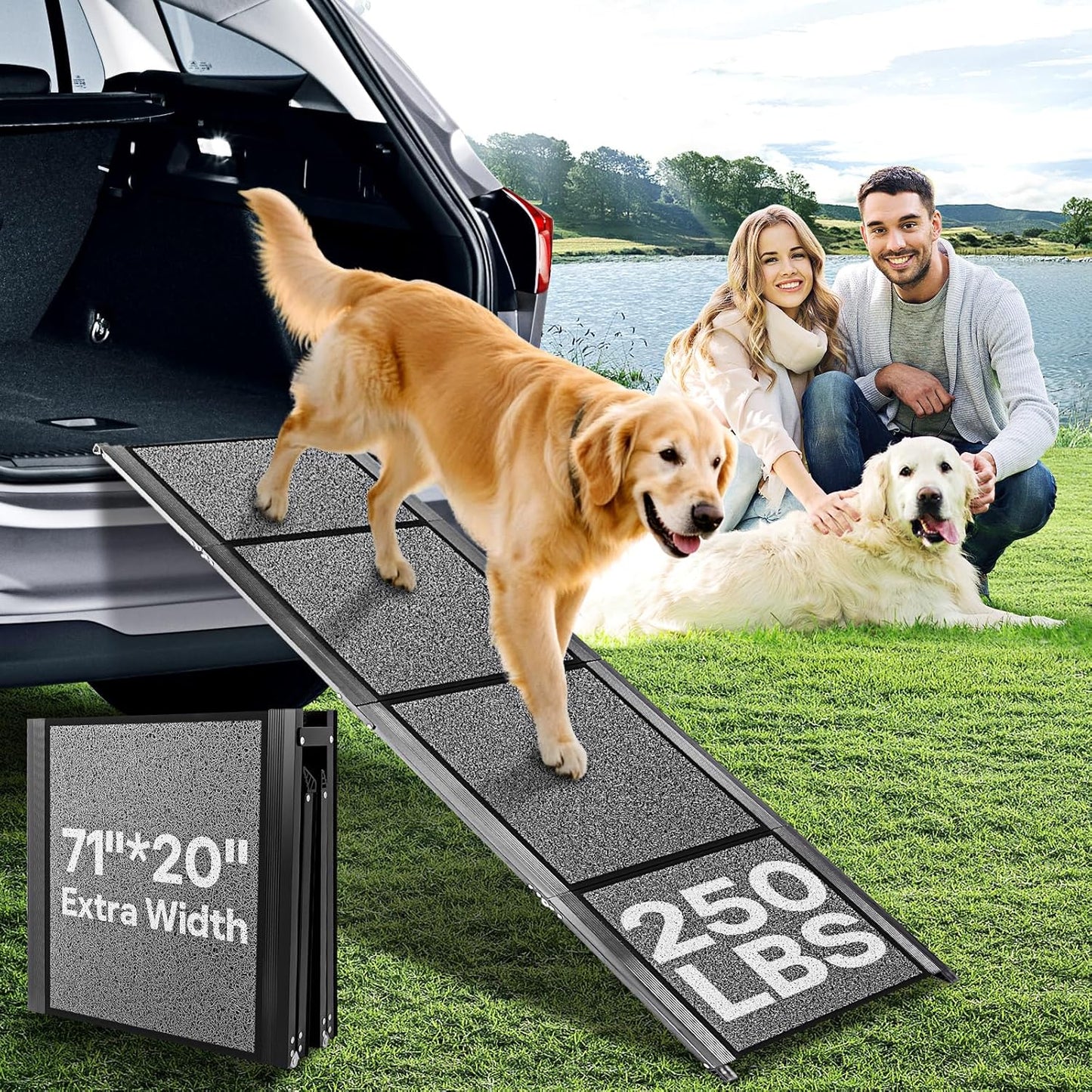 𝟕𝟏'' & 𝟐𝟎" Wide Dog Ramp for Large Dogs, Holds 250LBS & Gentle Slope for Joint Care - Dog Car Ramp with Upgrade Non-Slip Surface - Portable Folding Pet Ramps for Senior Pets Enter into SUV, Truck