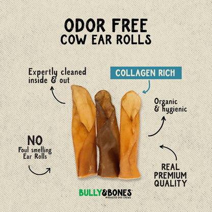 Bully & Bones 6 Inch Cow Ear Rolls (12 Pack) for Dogs. Collagen and Protein Rich, Healthy Single-Ingredient Beef chew Treats Crafted to Stimulate Your Dog’s Taste Buds. 6” Cow Ear Rolls.