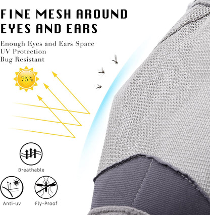 Horse Fly Mask, Super Comfort Fly Masks for Horses, Adjustable UV Protection Breathability Horses Fly Masks with Ears, Pony Mini Equine Fly Mask for Miniature Foal Draft Cob Srabian Full (Gray, L)