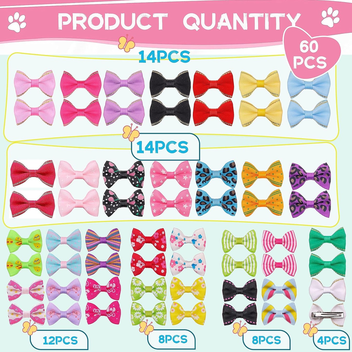 YAKA 60PCS (30 Paris) Cute Puppy Dog Small Bowknot Hair Bows with Metal Clips Handmade Hair Accessories Bow Pet Grooming Products (60 Pcs,Cute Patterns)