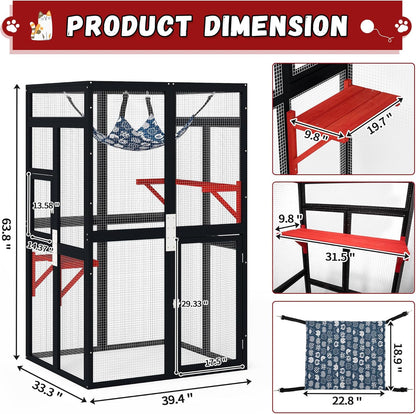 COZIWOW Halloween Outdoor Cat Catio - Spooky Window Access Cat Enclosure with Jumping Platforms, Weatherproof Wooden Shelter for Patio/Garden (Black, 2 Platforms + Hammock, 44lbs Capacity)