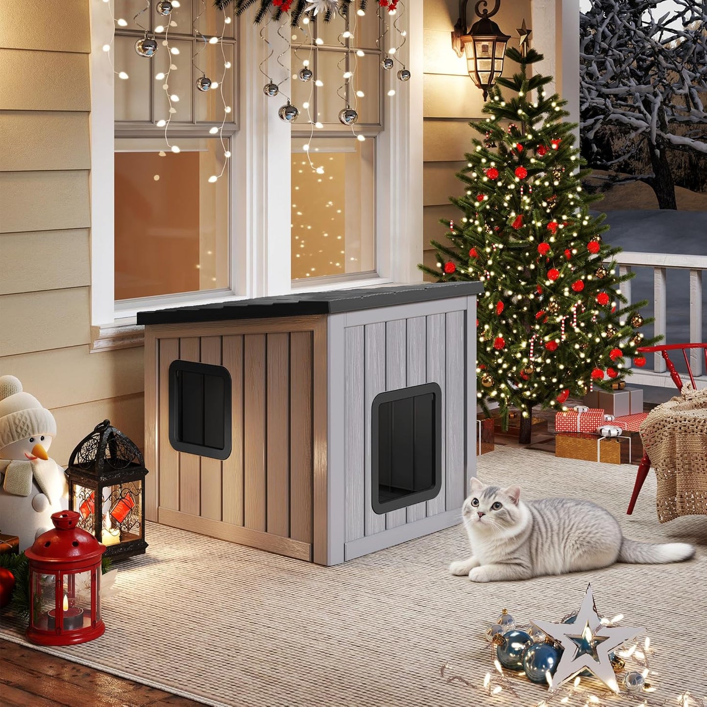 LHBcraft Outdoor Cat House Weatherproof, Clawsable Cat Houses for Outdoor Indoor Cats, Feral Cat House Shelter, Resin Insulated Material, Emergency Exit Easy to Clean and Install, Black