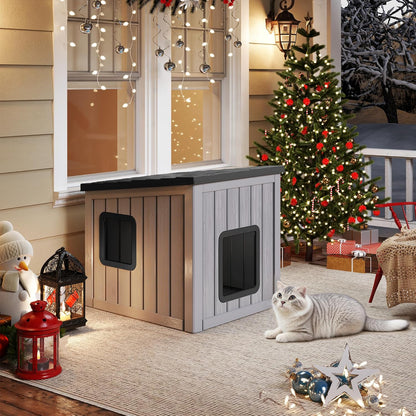 LHBcraft Outdoor Cat House Weatherproof, Clawsable Cat Houses for Outdoor Indoor Cats, Feral Cat House Shelter, Resin Insulated Material, Emergency Exit Easy to Clean and Install, Black