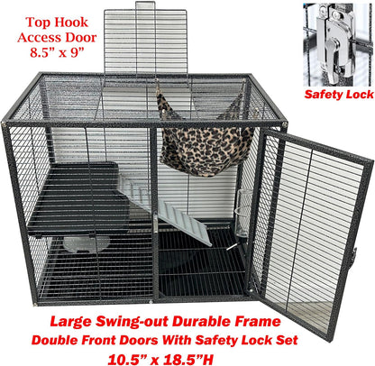 Large Two Full Story Deluxe Double Unit 4-Tiers Tight 1/2-Inch Bar Spacing Durable Front Doors Water Bottle Food Bowl for Feisty Ferret Squirrel Hammock Rat Gerbil Small Animal Critter Rolling Cage