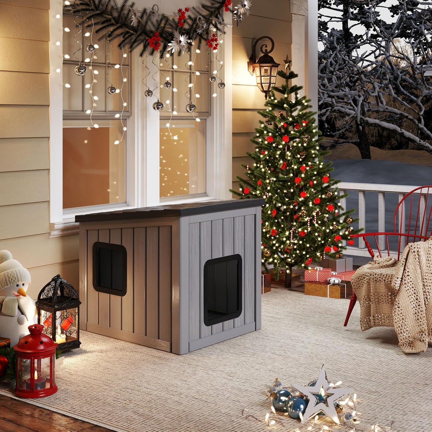 KAMABOKO Outdoor Cat Shelter Weatherproof PP Plastic Cat House for Winter, Insulated Cat Condo for Feral and Outdoor Cats with Waterproof Flat Base for Porch, Backyard, Black