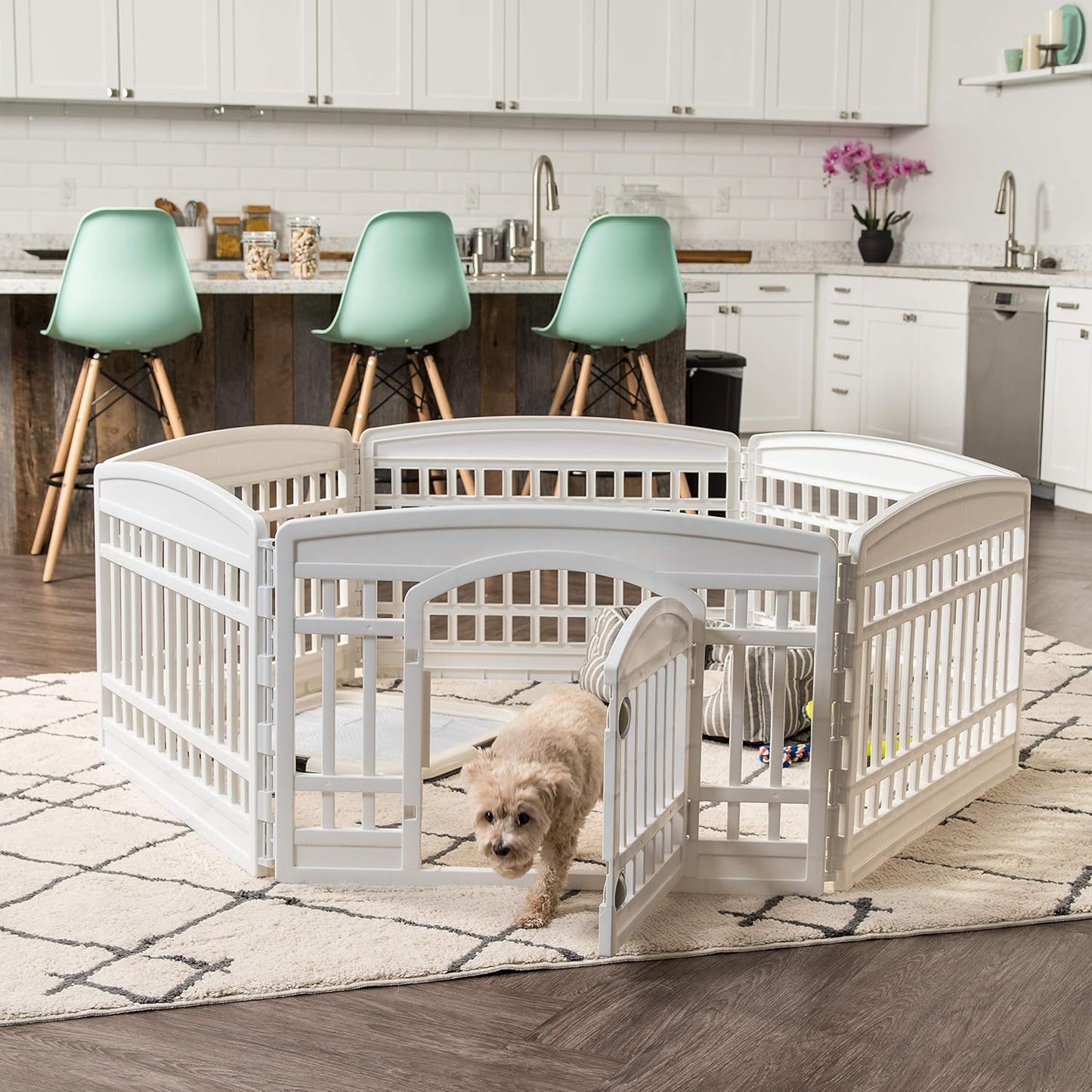 IRIS USA 24" 6-Panel Dog Playpen with Door, 61 x 61 x 24, Puppy Playpen, Dog Play Pen Indoors, Pet Fence, Puppies/Small Dogs, White