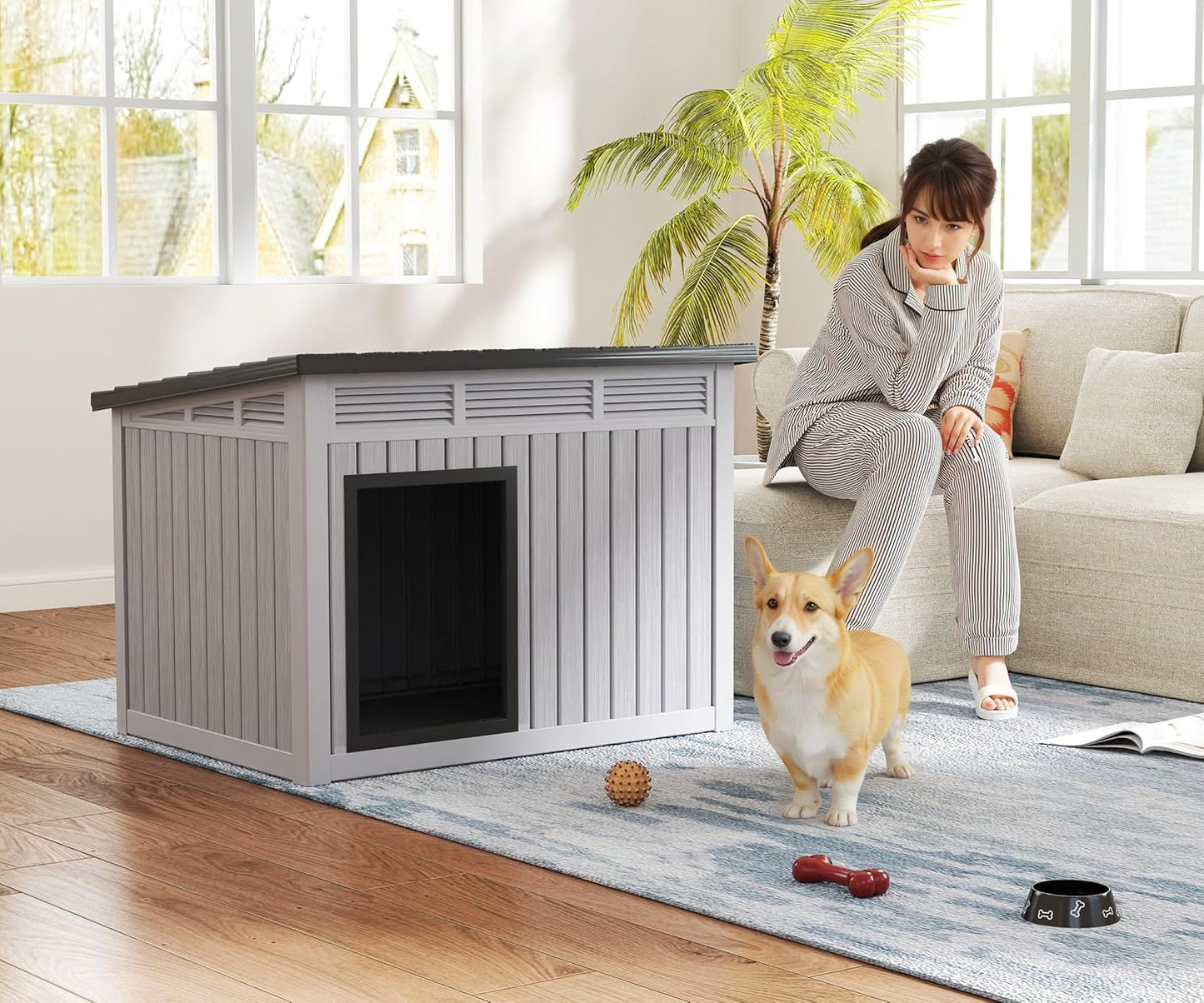 Fancyango Large Dog House for Indoor & Outdoor - Weatherproof & Removable Roof, Fits Small to Large Dogs (42.8" L x 33" W x 31.5" H) - Grey