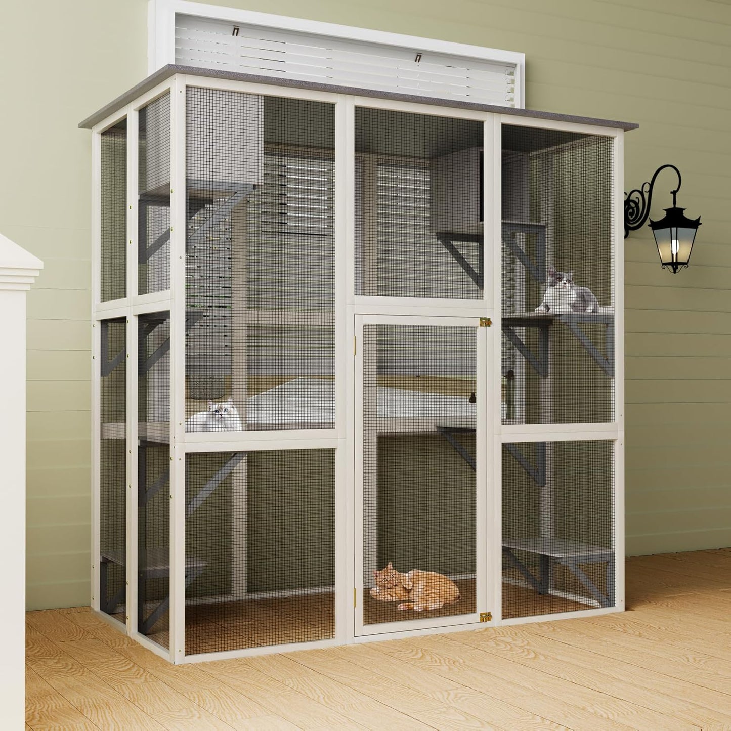 Wooden Catio Outdoor Cat Enclosure,71" H Outdoor Cat House W/ 8 Jumping Platforms & 2 Napping Houses,Walk-in Cat Patio Enclosure W/ 2 Safety Latches Doors & Weatherproof Asphalt Roof,Gray