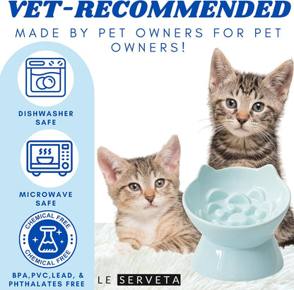 Macarons Series Ceramic Slow Feeder Cat Bowl, Raised Puzzle Feeder, Anti Vomiting Cat Slow Feeding, Elevated Food Bowl, Whisker Friendly Pet Bowl with Cute Ear Design (Blue)